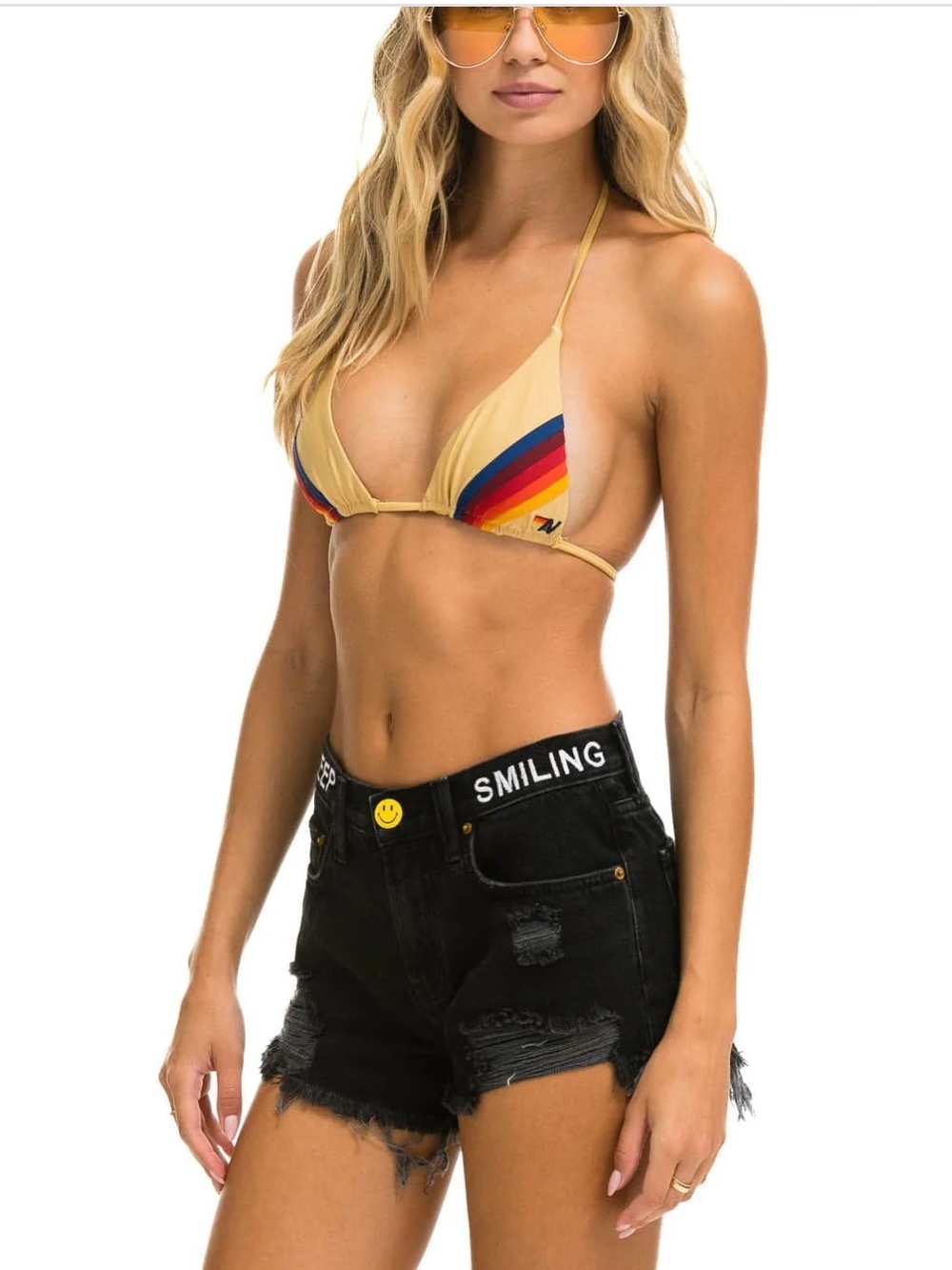 Aviator Nation Keep Smiling Mid Rise Smiley Face Jean Denim Shorts Vintage Black - Picture 7 of 13